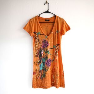Christian Audigier Women's M GEISHA ROSE Tunic Tee Orange V-Neck Graphic